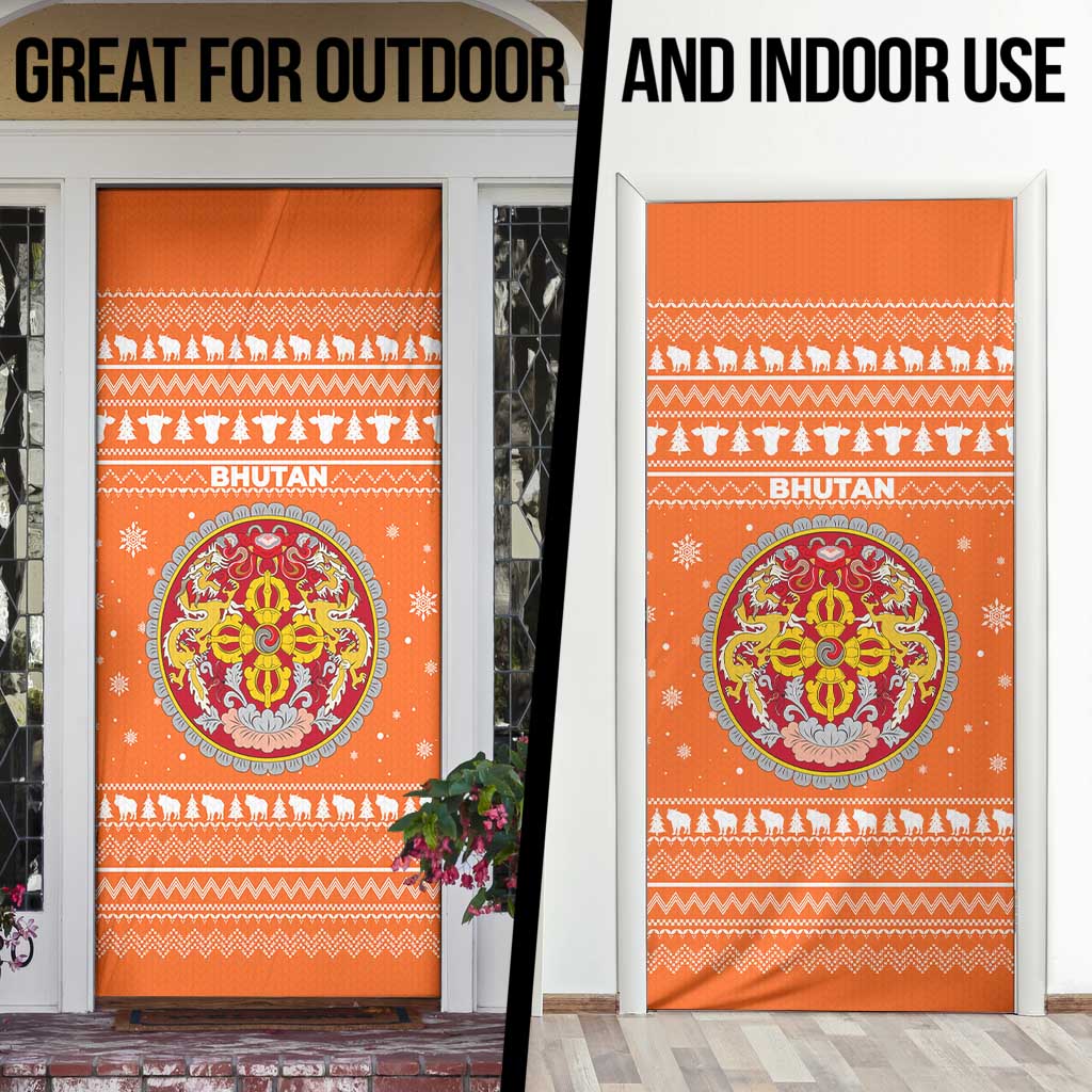Bhutan Christmas Door Cover with Takin Santa Hat Christmas Tree and Snowflake Pattern in Orange - Wonder Print Shop