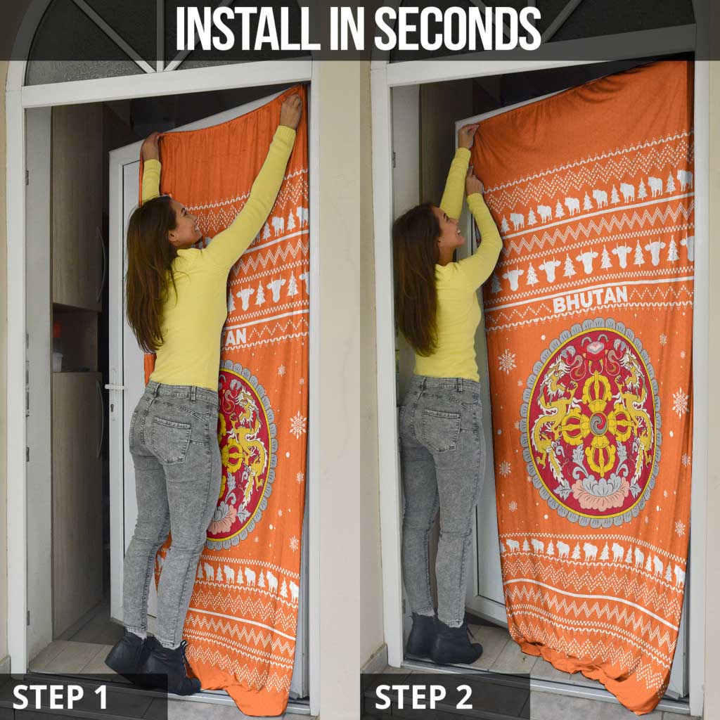 Bhutan Christmas Door Cover with Takin Santa Hat Christmas Tree and Snowflake Pattern in Orange - Wonder Print Shop