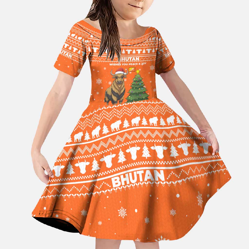 Bhutan Christmas Family Matching Long Sleeve Bodycon Dress and Hawaiian Shirt with Takin Santa Hat Christmas Tree and Snowflake Pattern in Orange - Wonder Print Shop