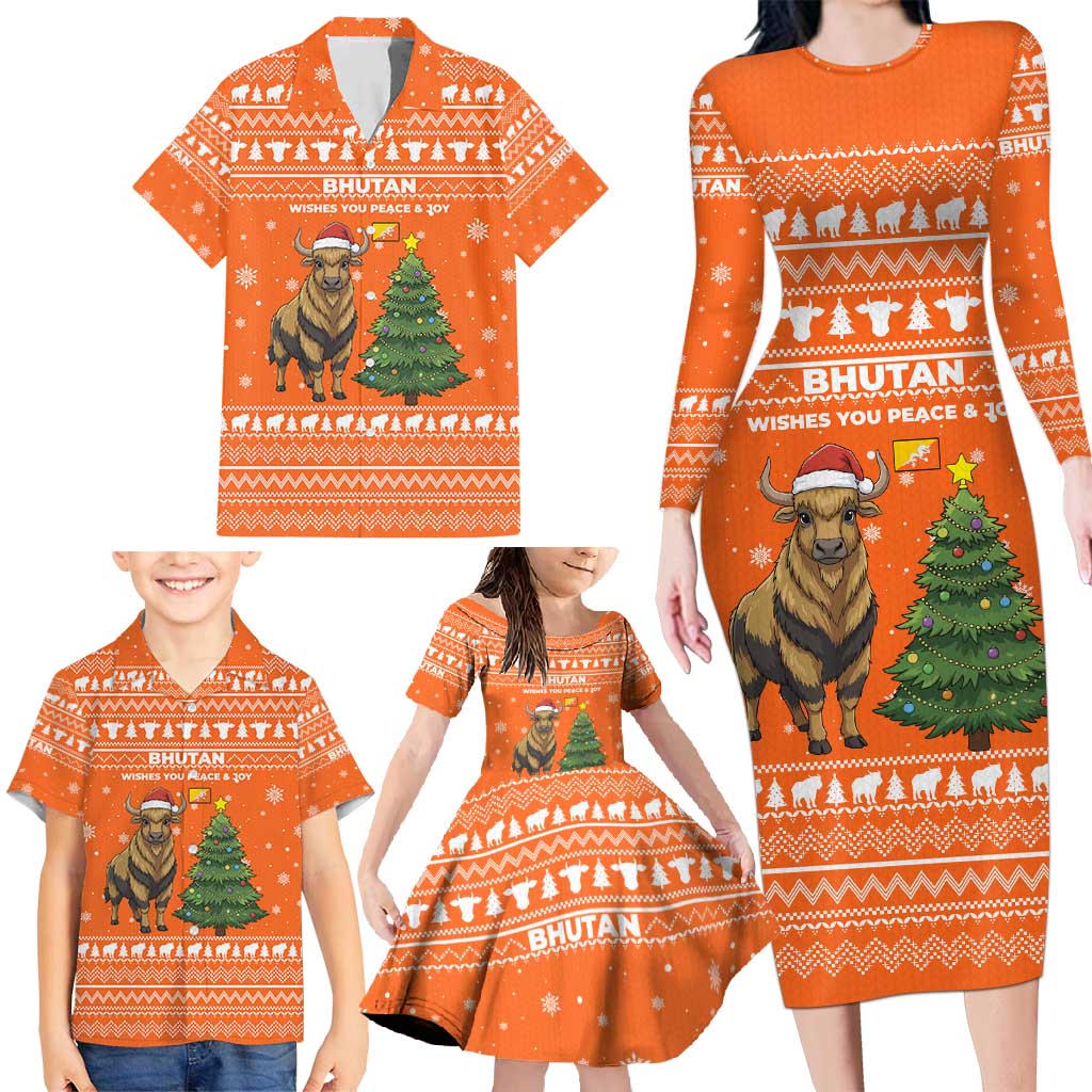 Bhutan Christmas Family Matching Long Sleeve Bodycon Dress and Hawaiian Shirt with Takin Santa Hat Christmas Tree and Snowflake Pattern in Orange - Wonder Print Shop