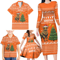 Bhutan Christmas Family Matching Long Sleeve Bodycon Dress and Hawaiian Shirt with Takin Santa Hat Christmas Tree and Snowflake Pattern in Orange - Wonder Print Shop