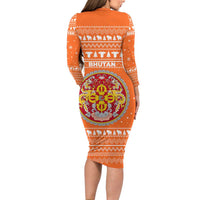 Bhutan Christmas Family Matching Long Sleeve Bodycon Dress and Hawaiian Shirt with Takin Santa Hat Christmas Tree and Snowflake Pattern in Orange - Wonder Print Shop
