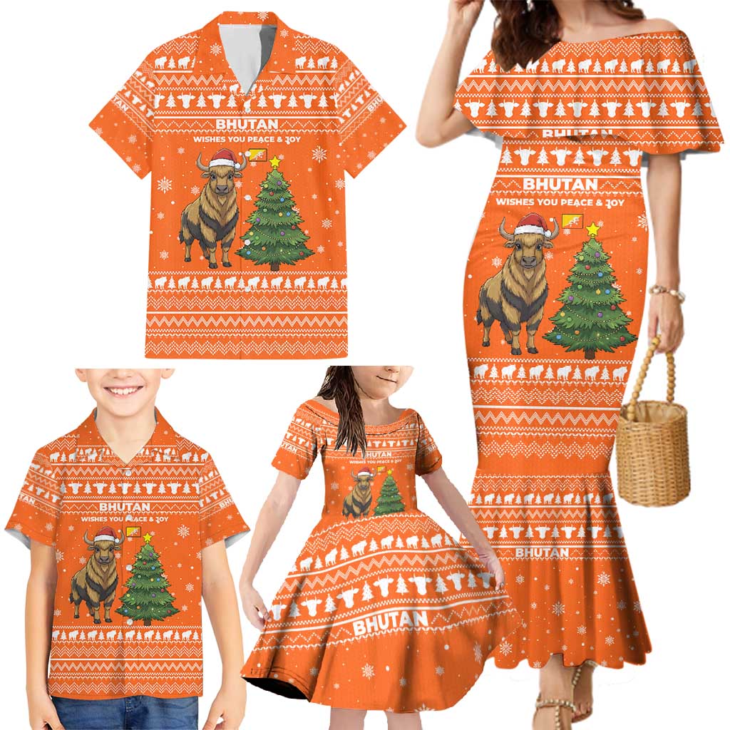 Bhutan Christmas Family Matching Mermaid Dress and Hawaiian Shirt with Takin Santa Hat Christmas Tree and Snowflake Pattern in Orange - Wonder Print Shop