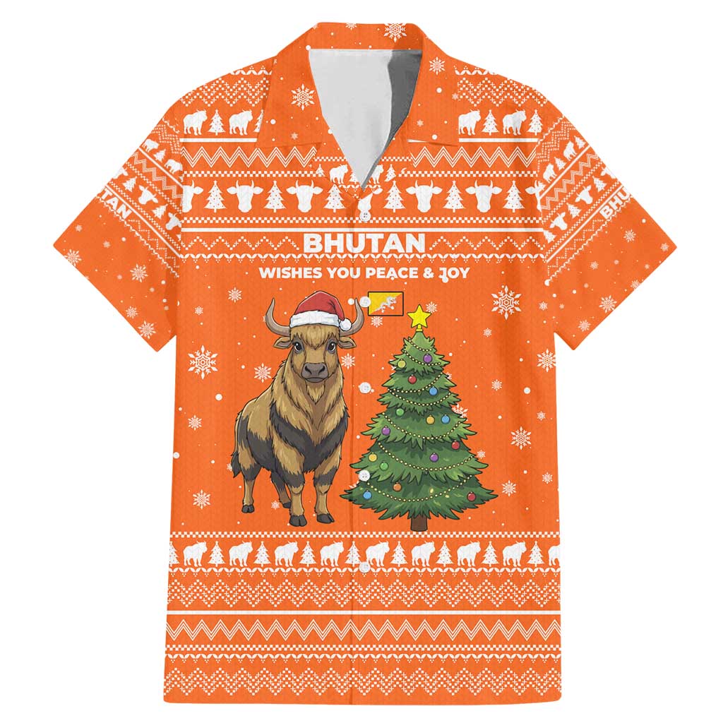 Bhutan Christmas Family Matching Mermaid Dress and Hawaiian Shirt with Takin Santa Hat Christmas Tree and Snowflake Pattern in Orange - Wonder Print Shop