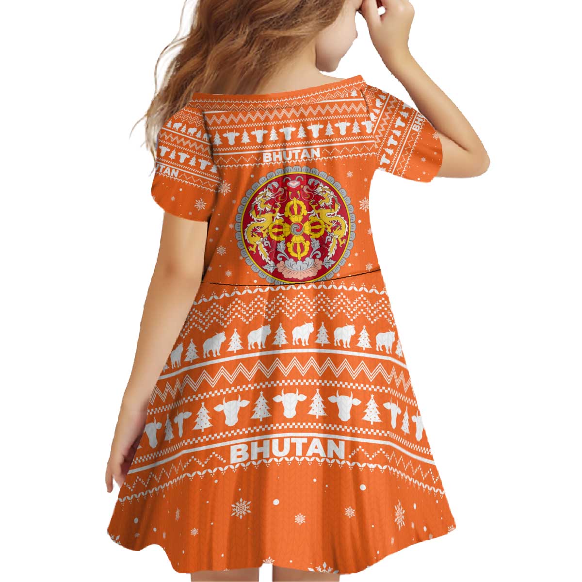 Bhutan Christmas Family Matching Off The Shoulder Long Sleeve Dress and Hawaiian Shirt with Takin Santa Hat Christmas Tree and Snowflake Pattern in Orange - Wonder Print Shop