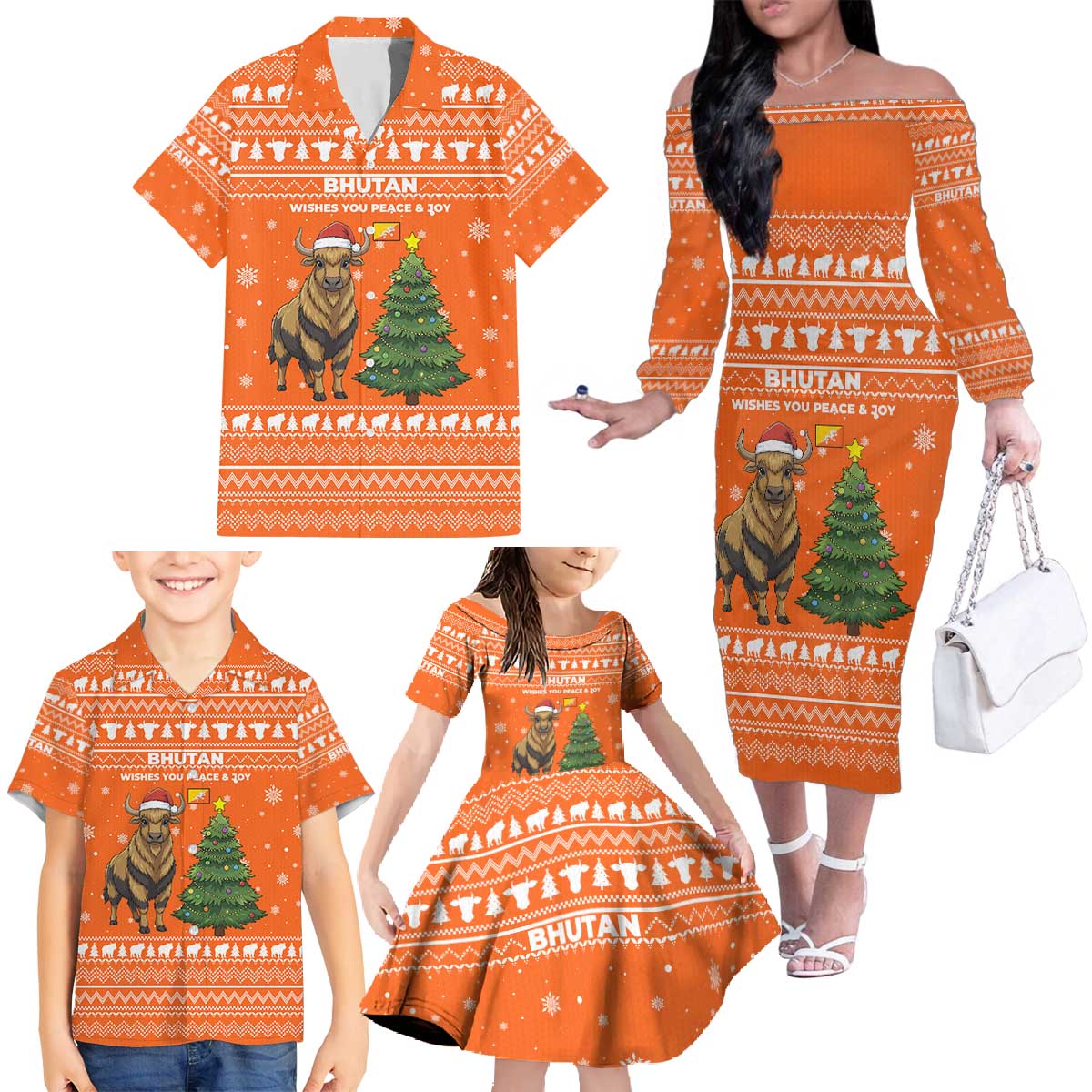 Bhutan Christmas Family Matching Off The Shoulder Long Sleeve Dress and Hawaiian Shirt with Takin Santa Hat Christmas Tree and Snowflake Pattern in Orange - Wonder Print Shop