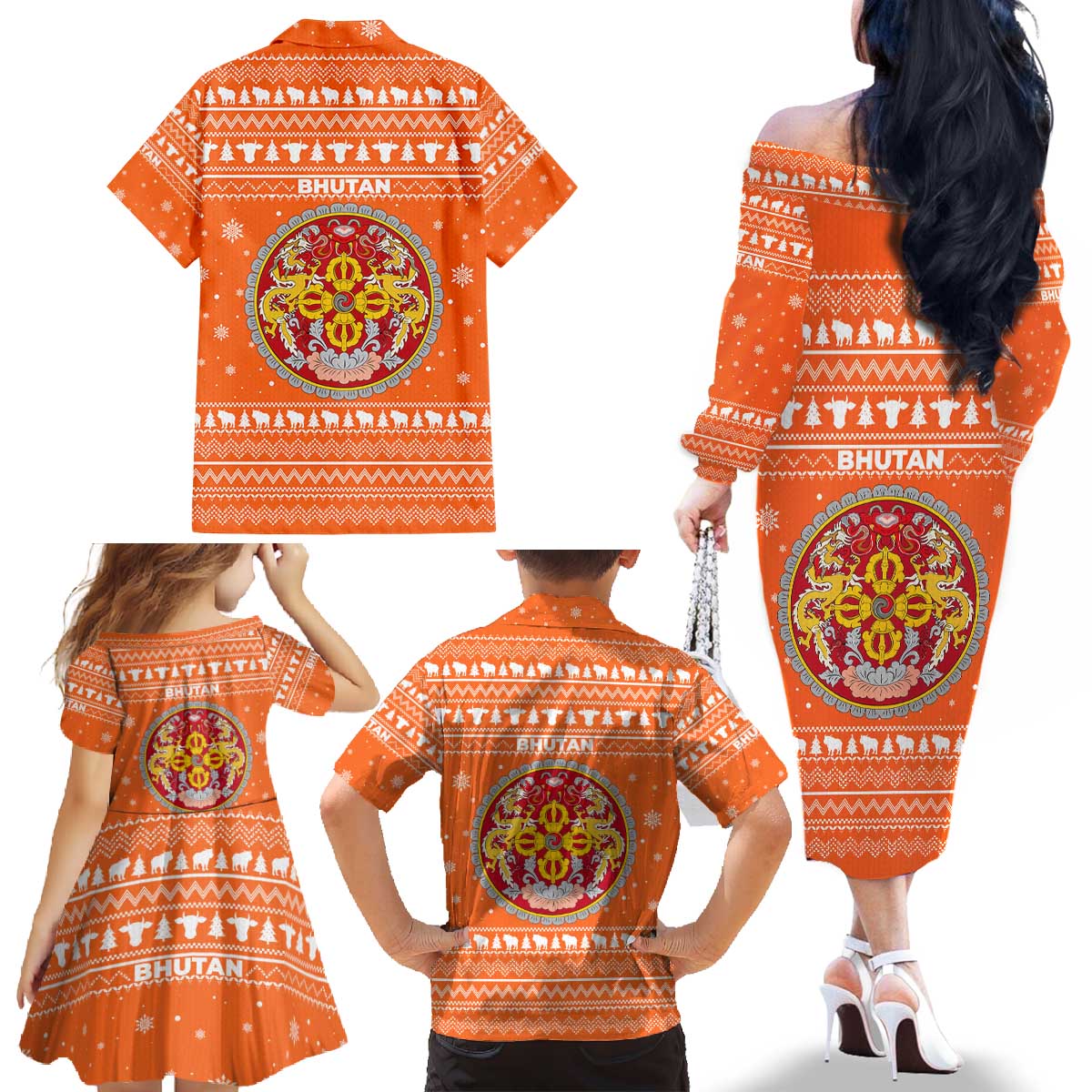 Bhutan Christmas Family Matching Off The Shoulder Long Sleeve Dress and Hawaiian Shirt with Takin Santa Hat Christmas Tree and Snowflake Pattern in Orange - Wonder Print Shop