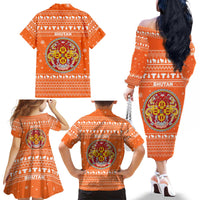 Bhutan Christmas Family Matching Off The Shoulder Long Sleeve Dress and Hawaiian Shirt with Takin Santa Hat Christmas Tree and Snowflake Pattern in Orange - Wonder Print Shop