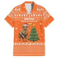 Bhutan Christmas Family Matching Off The Shoulder Long Sleeve Dress and Hawaiian Shirt with Takin Santa Hat Christmas Tree and Snowflake Pattern in Orange - Wonder Print Shop