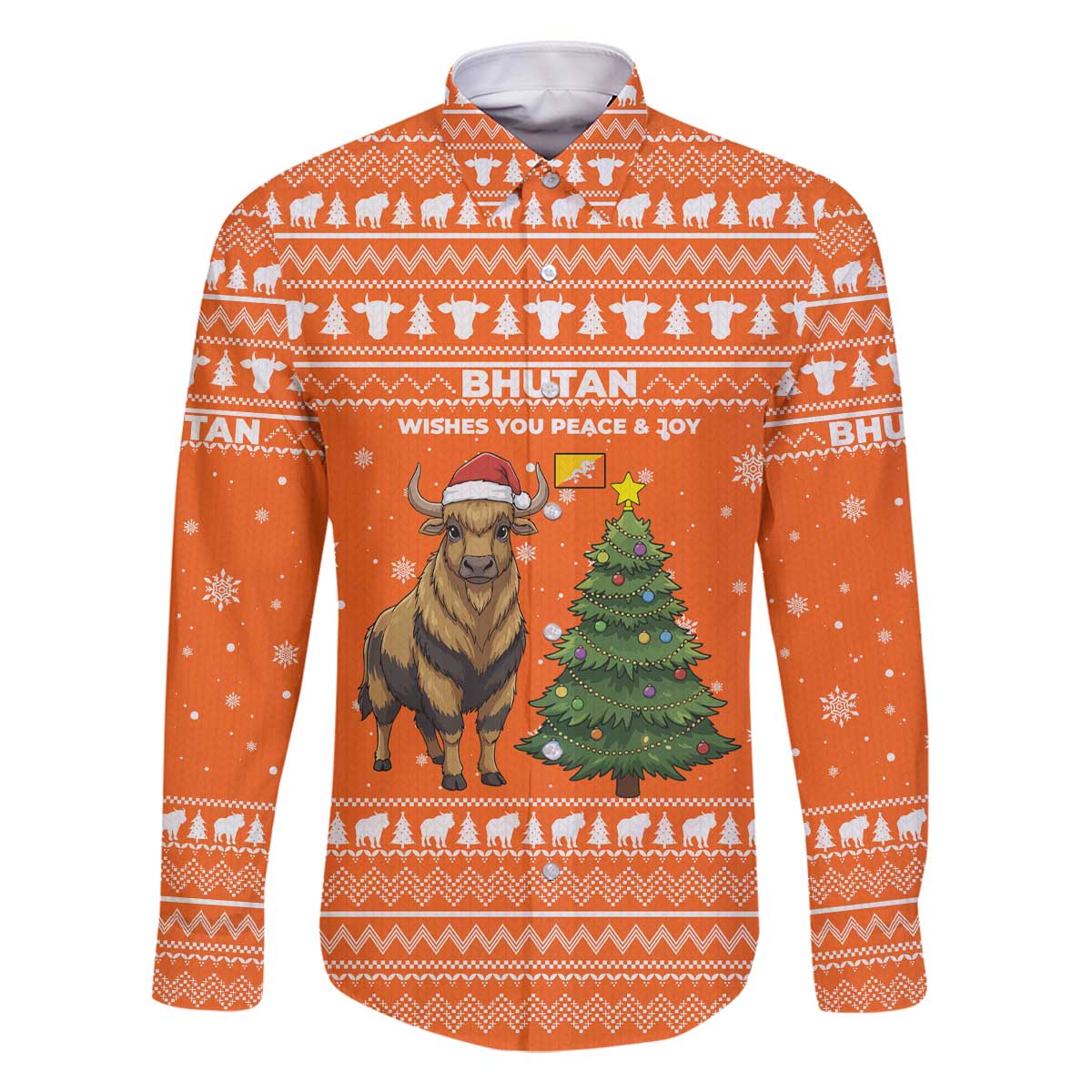 Bhutan Christmas Family Matching Off The Shoulder Long Sleeve Dress and Hawaiian Shirt with Takin Santa Hat Christmas Tree and Snowflake Pattern in Orange - Wonder Print Shop