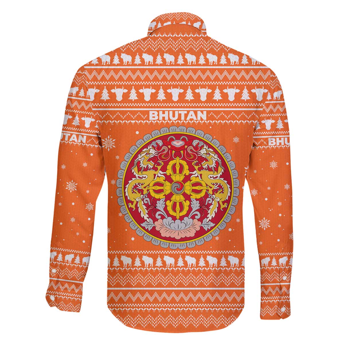 Bhutan Christmas Family Matching Off The Shoulder Long Sleeve Dress and Hawaiian Shirt with Takin Santa Hat Christmas Tree and Snowflake Pattern in Orange - Wonder Print Shop