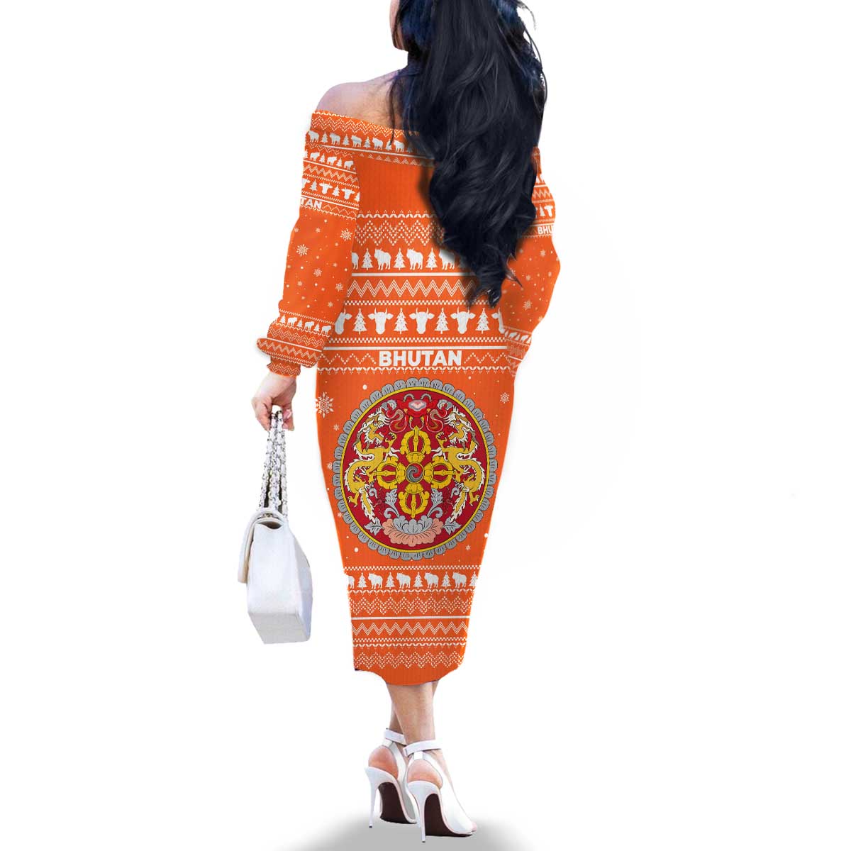 Bhutan Christmas Family Matching Off The Shoulder Long Sleeve Dress and Hawaiian Shirt with Takin Santa Hat Christmas Tree and Snowflake Pattern in Orange - Wonder Print Shop
