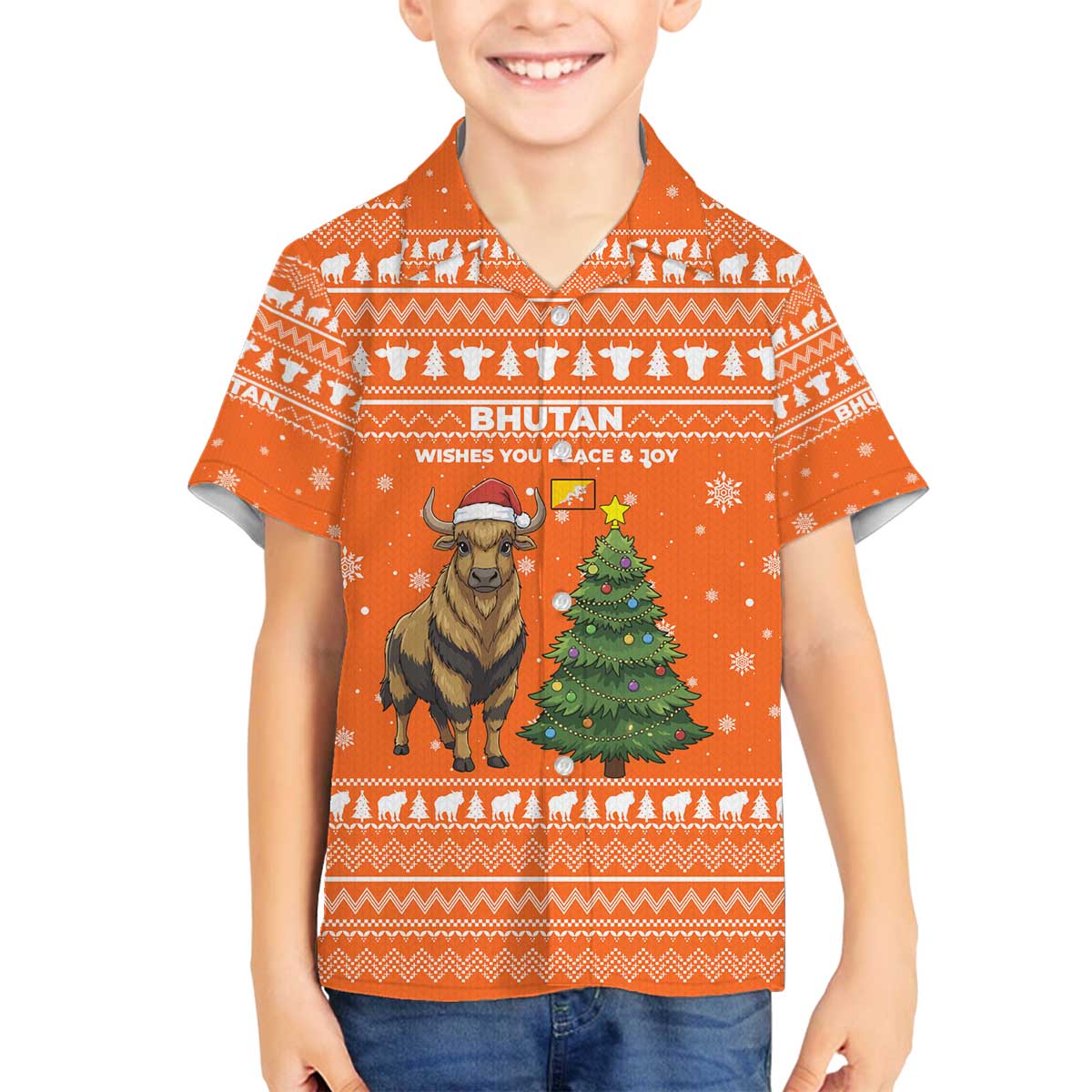 Bhutan Christmas Family Matching Off The Shoulder Long Sleeve Dress and Hawaiian Shirt with Takin Santa Hat Christmas Tree and Snowflake Pattern in Orange - Wonder Print Shop