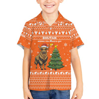 Bhutan Christmas Family Matching Off The Shoulder Long Sleeve Dress and Hawaiian Shirt with Takin Santa Hat Christmas Tree and Snowflake Pattern in Orange - Wonder Print Shop