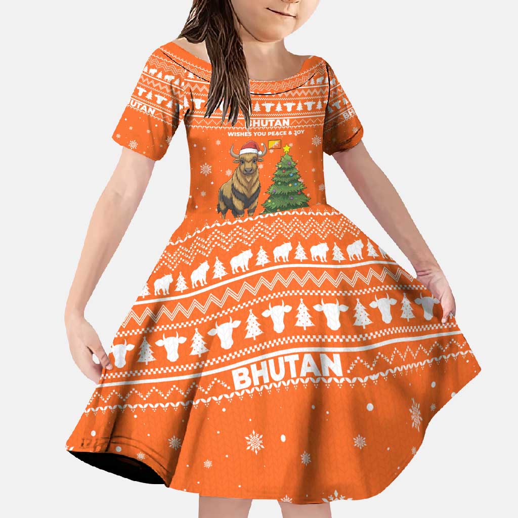 Bhutan Christmas Family Matching Off Shoulder Maxi Dress and Hawaiian Shirt with Takin Santa Hat Christmas Tree and Snowflake Pattern in Orange - Wonder Print Shop