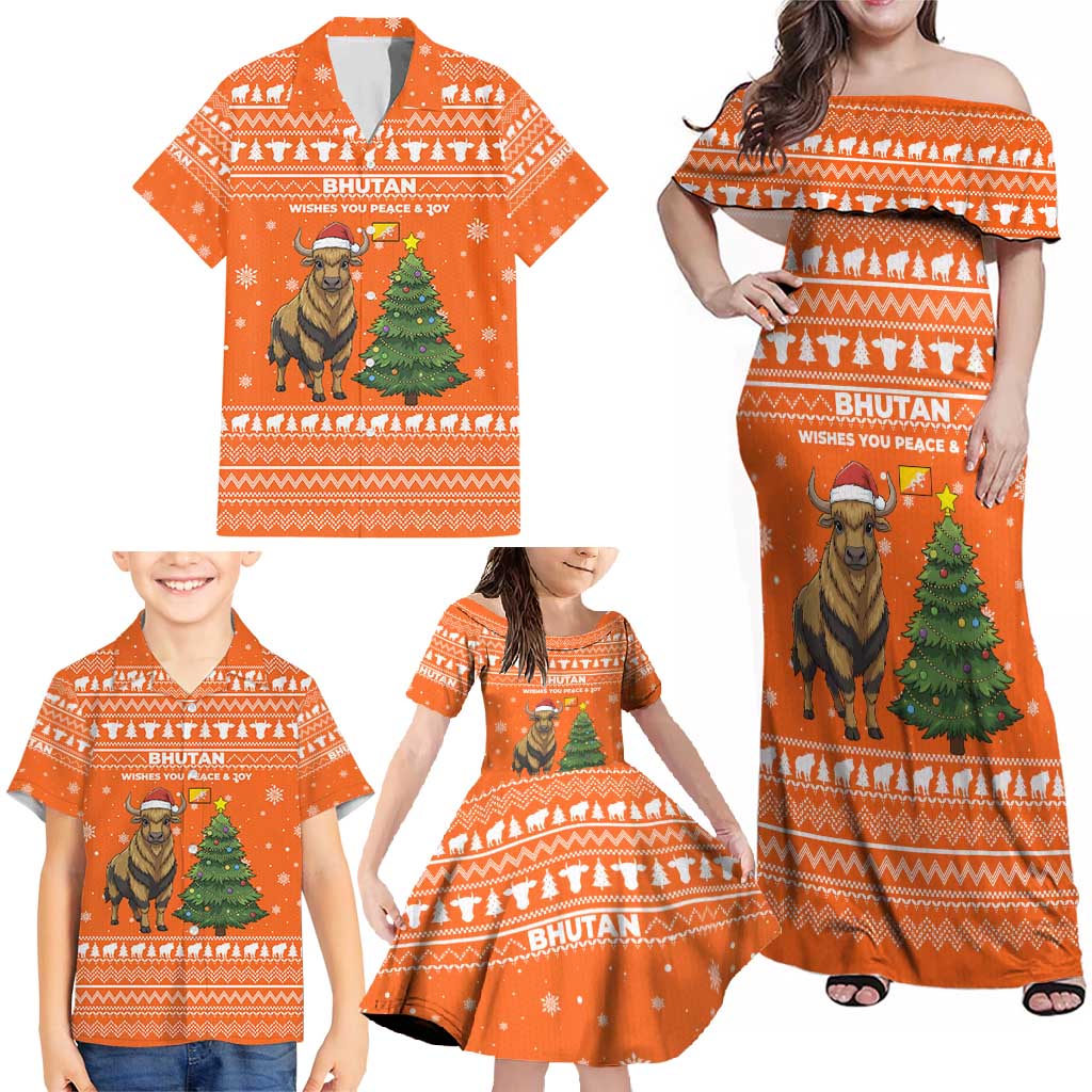 Bhutan Christmas Family Matching Off Shoulder Maxi Dress and Hawaiian Shirt with Takin Santa Hat Christmas Tree and Snowflake Pattern in Orange - Wonder Print Shop