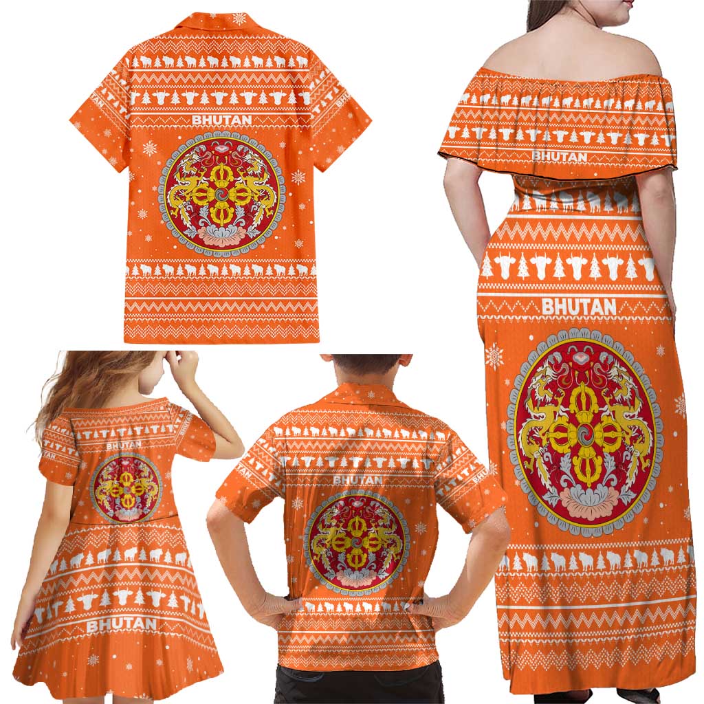 Bhutan Christmas Family Matching Off Shoulder Maxi Dress and Hawaiian Shirt with Takin Santa Hat Christmas Tree and Snowflake Pattern in Orange - Wonder Print Shop