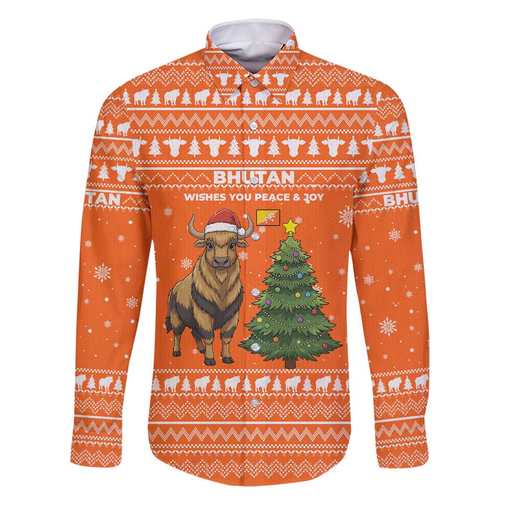 Bhutan Christmas Family Matching Off Shoulder Maxi Dress and Hawaiian Shirt with Takin Santa Hat Christmas Tree and Snowflake Pattern in Orange - Wonder Print Shop