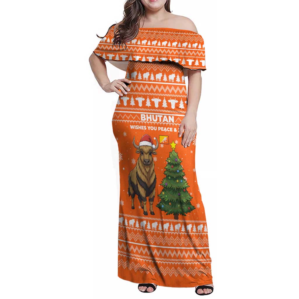Bhutan Christmas Family Matching Off Shoulder Maxi Dress and Hawaiian Shirt with Takin Santa Hat Christmas Tree and Snowflake Pattern in Orange - Wonder Print Shop