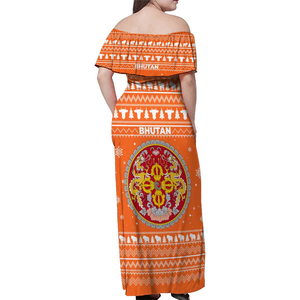 Bhutan Christmas Family Matching Off Shoulder Maxi Dress and Hawaiian Shirt with Takin Santa Hat Christmas Tree and Snowflake Pattern in Orange - Wonder Print Shop