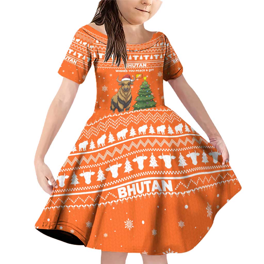 Bhutan Christmas Family Matching Off Shoulder Short Dress and Hawaiian Shirt with Takin Santa Hat Christmas Tree and Snowflake Pattern in Orange - Wonder Print Shop