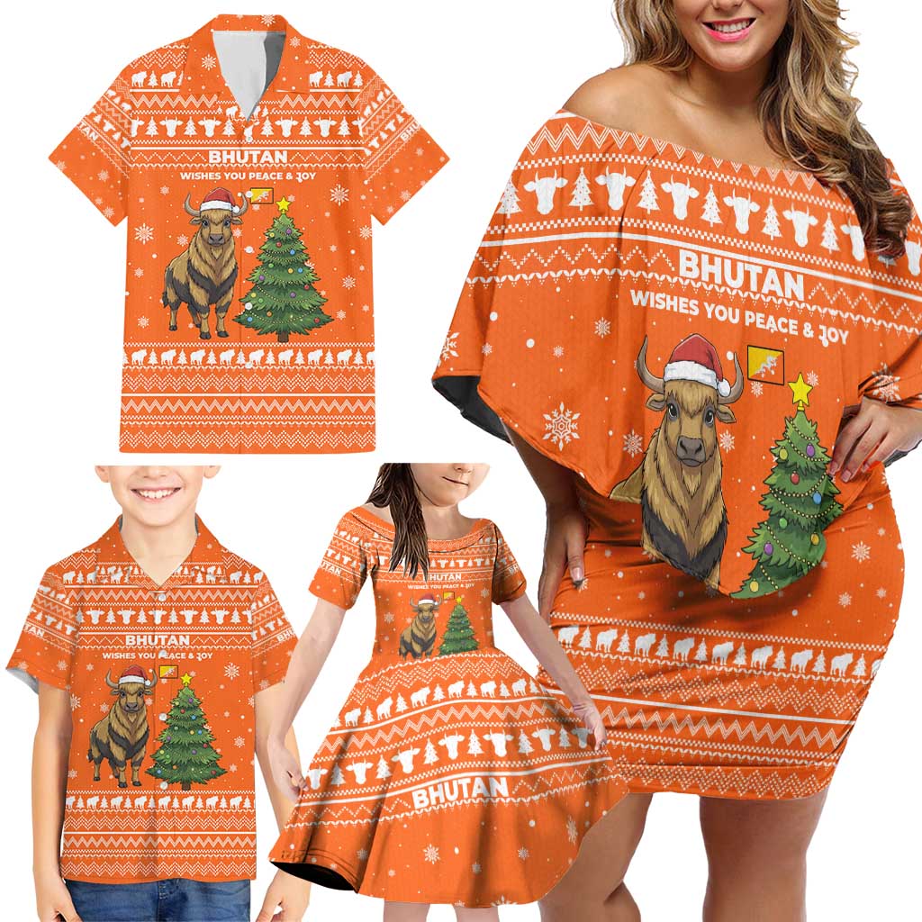 Bhutan Christmas Family Matching Off Shoulder Short Dress and Hawaiian Shirt with Takin Santa Hat Christmas Tree and Snowflake Pattern in Orange - Wonder Print Shop