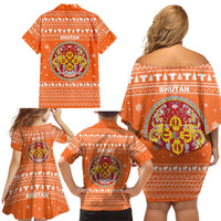 Bhutan Christmas Family Matching Off Shoulder Short Dress and Hawaiian Shirt with Takin Santa Hat Christmas Tree and Snowflake Pattern in Orange - Wonder Print Shop