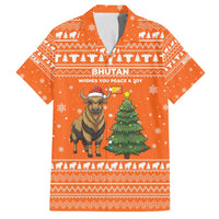 Bhutan Christmas Family Matching Off Shoulder Short Dress and Hawaiian Shirt with Takin Santa Hat Christmas Tree and Snowflake Pattern in Orange - Wonder Print Shop