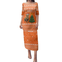 Bhutan Christmas Family Matching Puletasi and Hawaiian Shirt with Takin Santa Hat Christmas Tree and Snowflake Pattern in Orange - Wonder Print Shop
