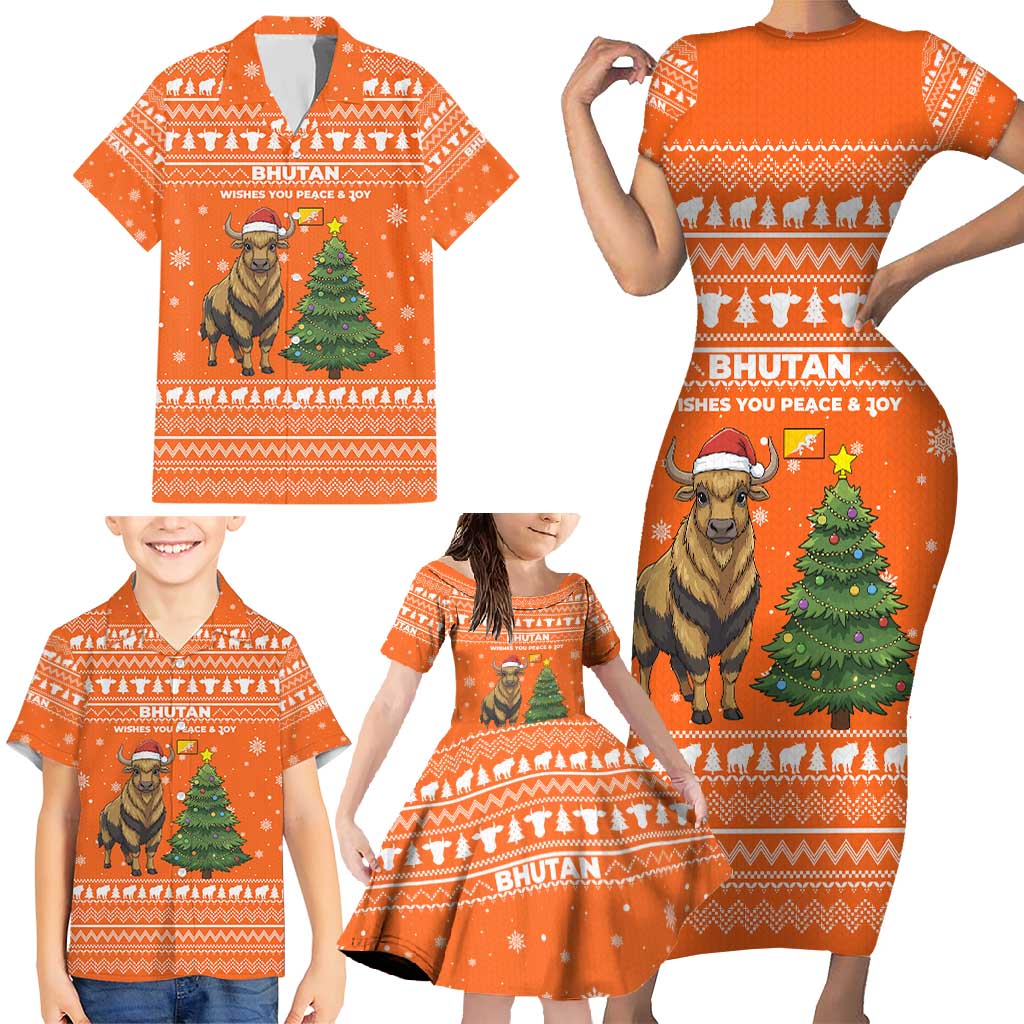 Bhutan Christmas Family Matching Short Sleeve Bodycon Dress and Hawaiian Shirt with Takin Santa Hat Christmas Tree and Snowflake Pattern in Orange - Wonder Print Shop