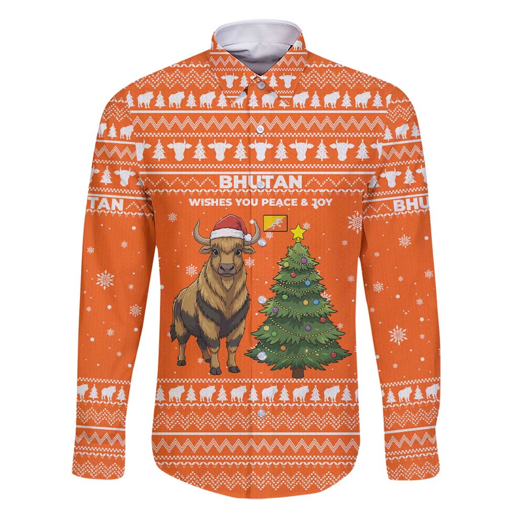 Bhutan Christmas Family Matching Short Sleeve Bodycon Dress and Hawaiian Shirt with Takin Santa Hat Christmas Tree and Snowflake Pattern in Orange - Wonder Print Shop