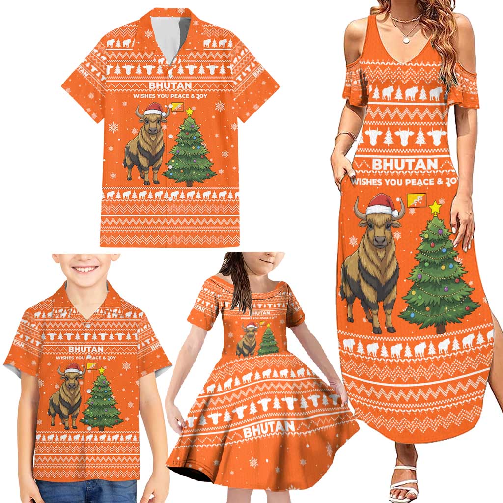Bhutan Christmas Family Matching Summer Maxi Dress and Hawaiian Shirt with Takin Santa Hat Christmas Tree and Snowflake Pattern in Orange - Wonder Print Shop