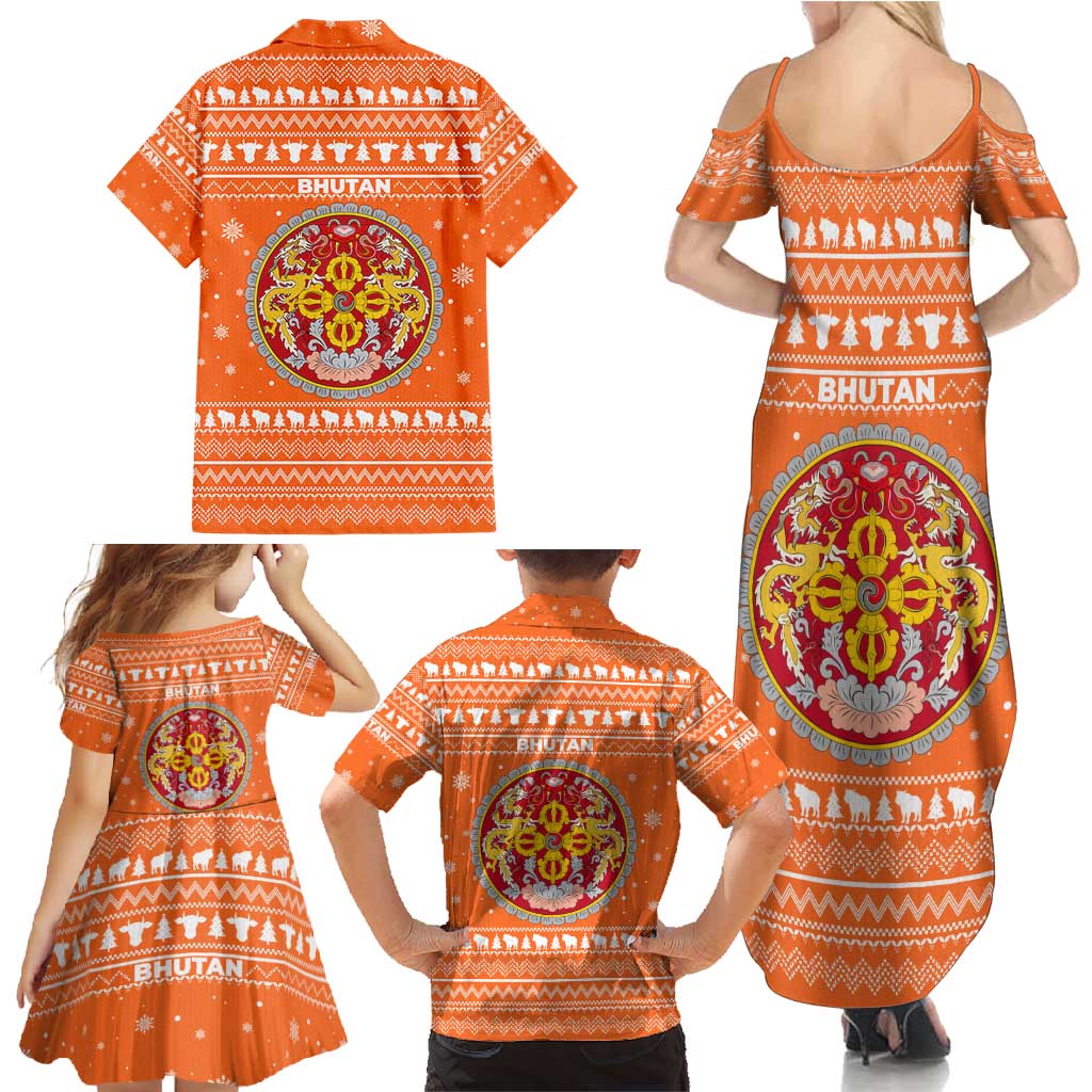 Bhutan Christmas Family Matching Summer Maxi Dress and Hawaiian Shirt with Takin Santa Hat Christmas Tree and Snowflake Pattern in Orange - Wonder Print Shop