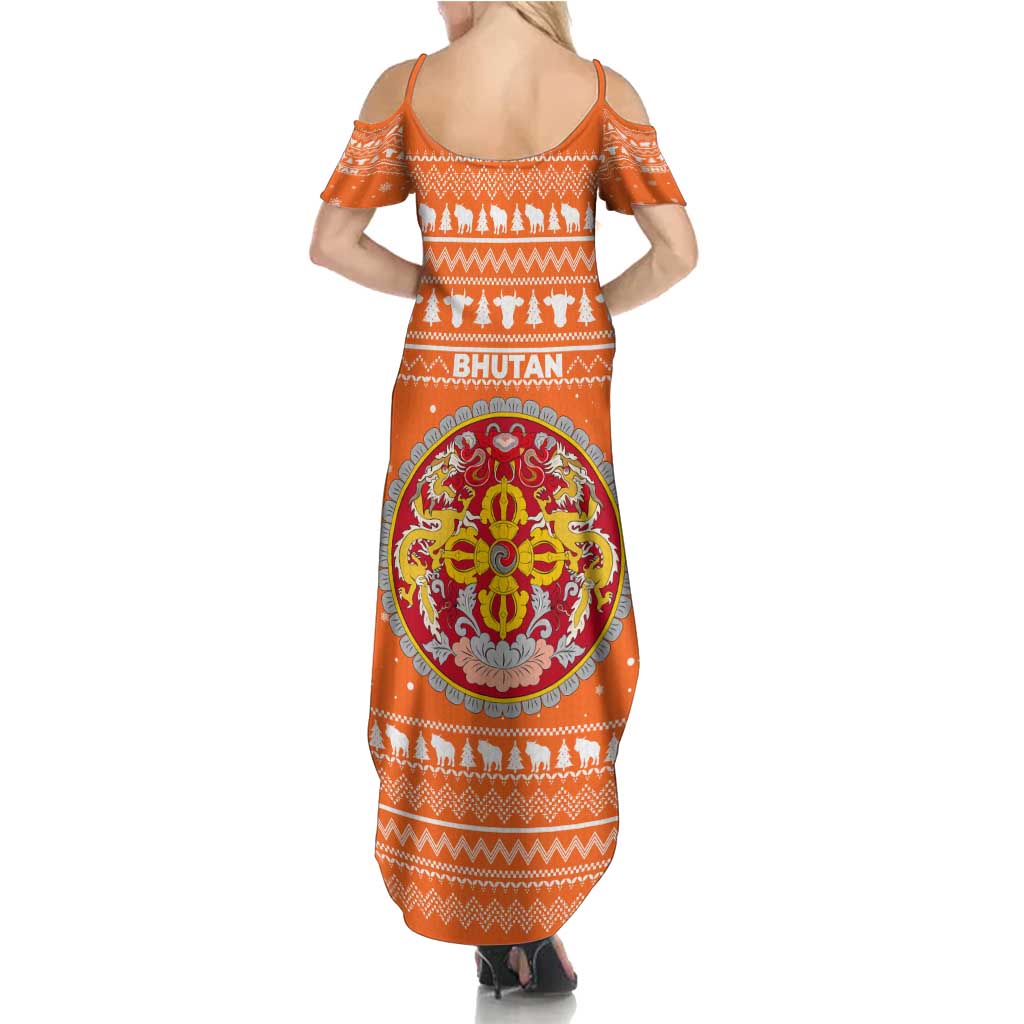 Bhutan Christmas Family Matching Summer Maxi Dress and Hawaiian Shirt with Takin Santa Hat Christmas Tree and Snowflake Pattern in Orange - Wonder Print Shop