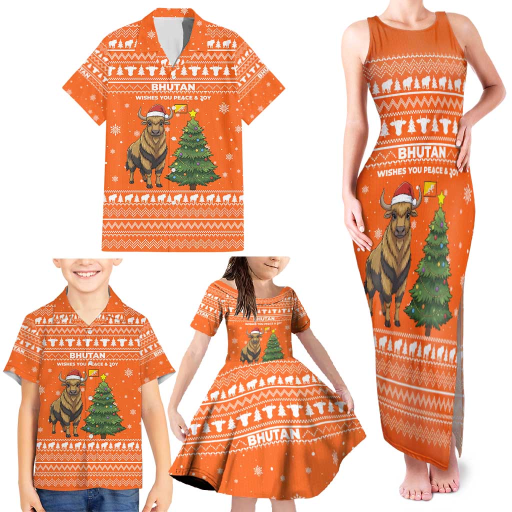 Bhutan Christmas Family Matching Tank Maxi Dress and Hawaiian Shirt with Takin Santa Hat Christmas Tree and Snowflake Pattern in Orange - Wonder Print Shop
