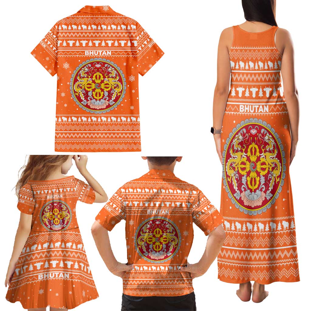 Bhutan Christmas Family Matching Tank Maxi Dress and Hawaiian Shirt with Takin Santa Hat Christmas Tree and Snowflake Pattern in Orange - Wonder Print Shop