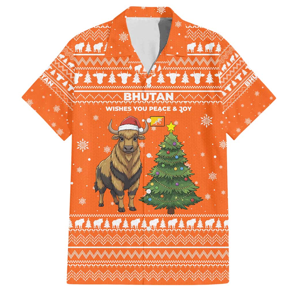 Bhutan Christmas Family Matching Tank Maxi Dress and Hawaiian Shirt with Takin Santa Hat Christmas Tree and Snowflake Pattern in Orange - Wonder Print Shop