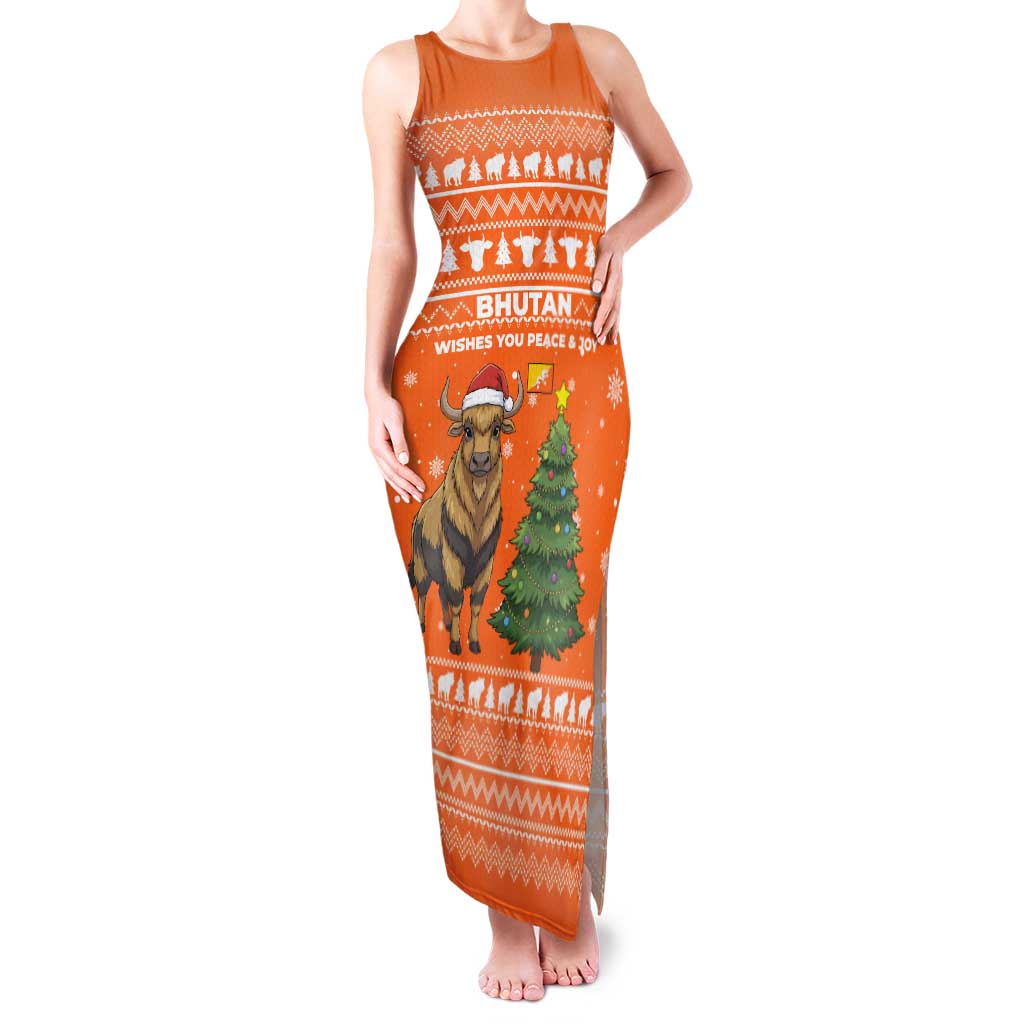 Bhutan Christmas Family Matching Tank Maxi Dress and Hawaiian Shirt with Takin Santa Hat Christmas Tree and Snowflake Pattern in Orange - Wonder Print Shop