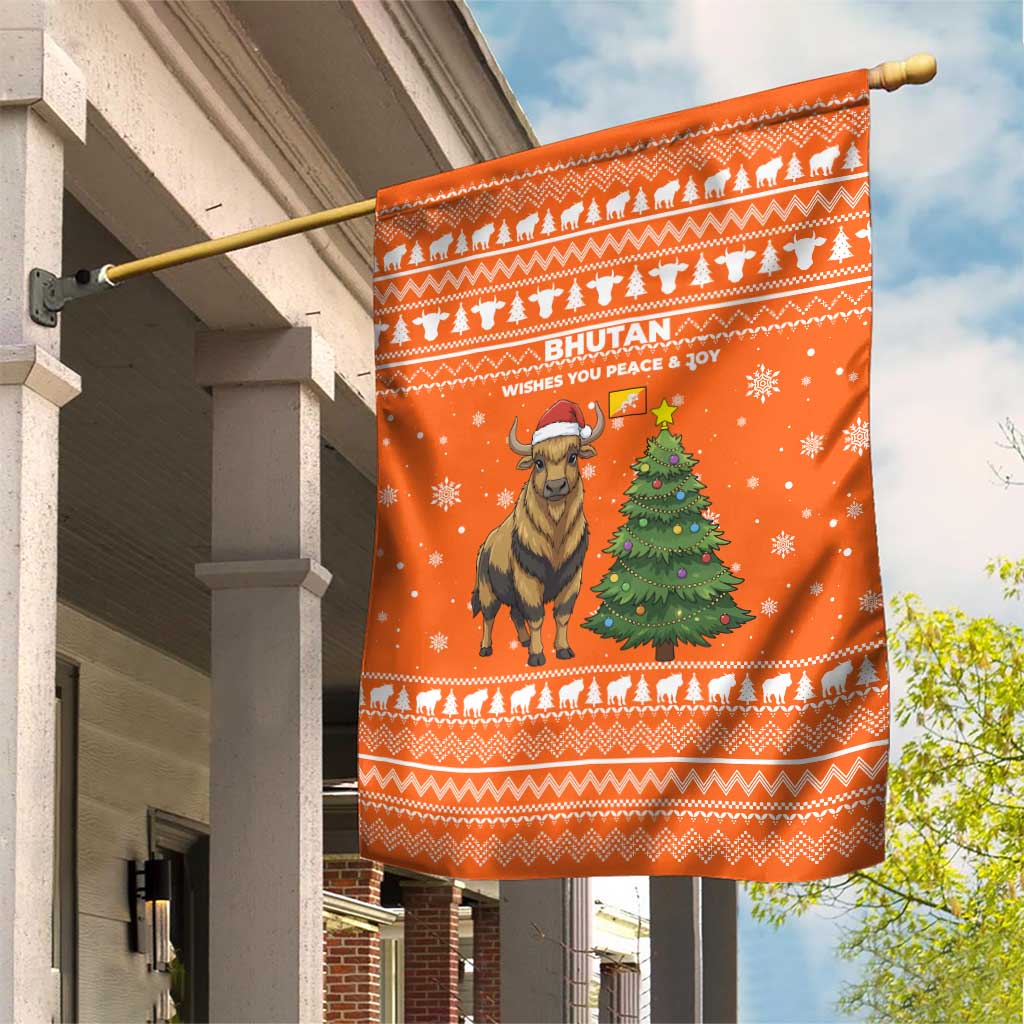 Bhutan Christmas Garden Flag with Takin Santa Hat Christmas Tree and Snowflake Pattern in Orange - Wonder Print Shop