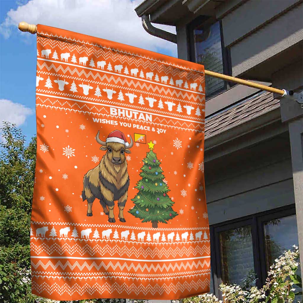 Bhutan Christmas Garden Flag with Takin Santa Hat Christmas Tree and Snowflake Pattern in Orange - Wonder Print Shop