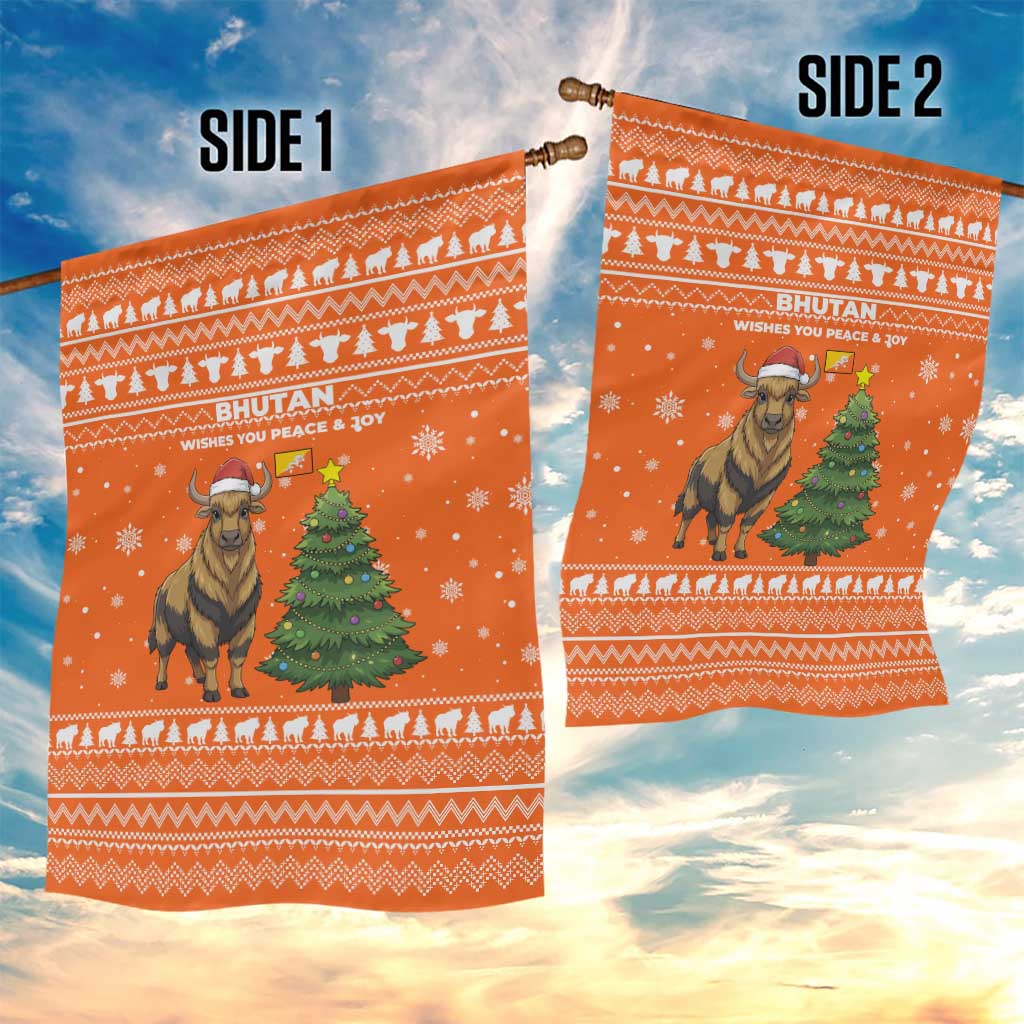 Bhutan Christmas Garden Flag with Takin Santa Hat Christmas Tree and Snowflake Pattern in Orange - Wonder Print Shop