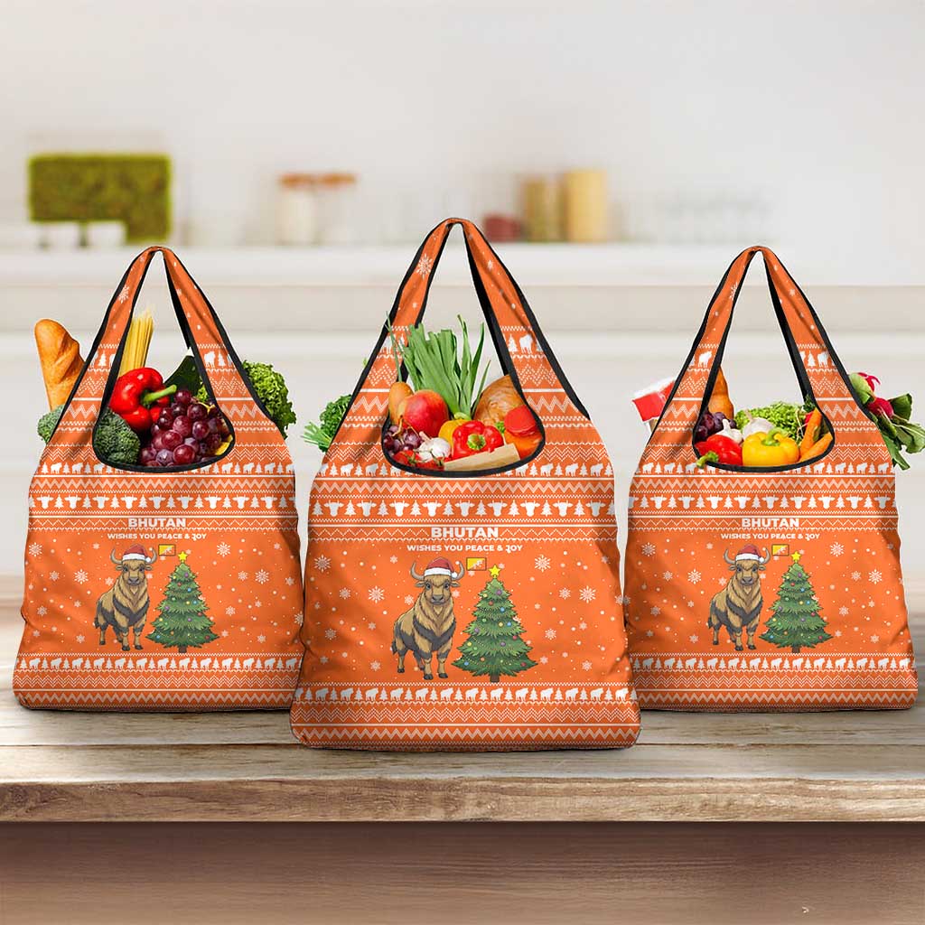 Bhutan Christmas Grocery Bag with Takin Santa Hat Christmas Tree and Snowflake Pattern in Orange - Wonder Print Shop