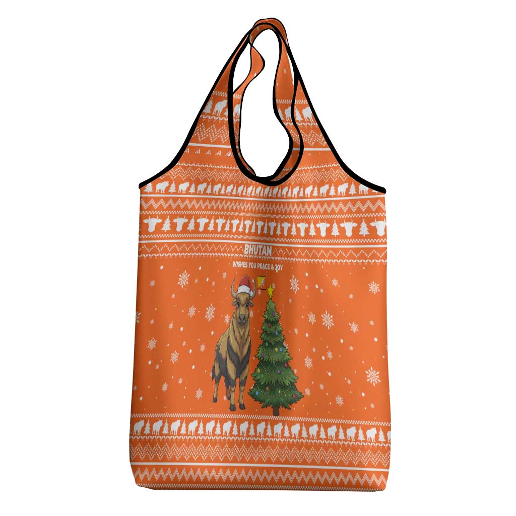 Bhutan Christmas Grocery Bag with Takin Santa Hat Christmas Tree and Snowflake Pattern in Orange - Wonder Print Shop