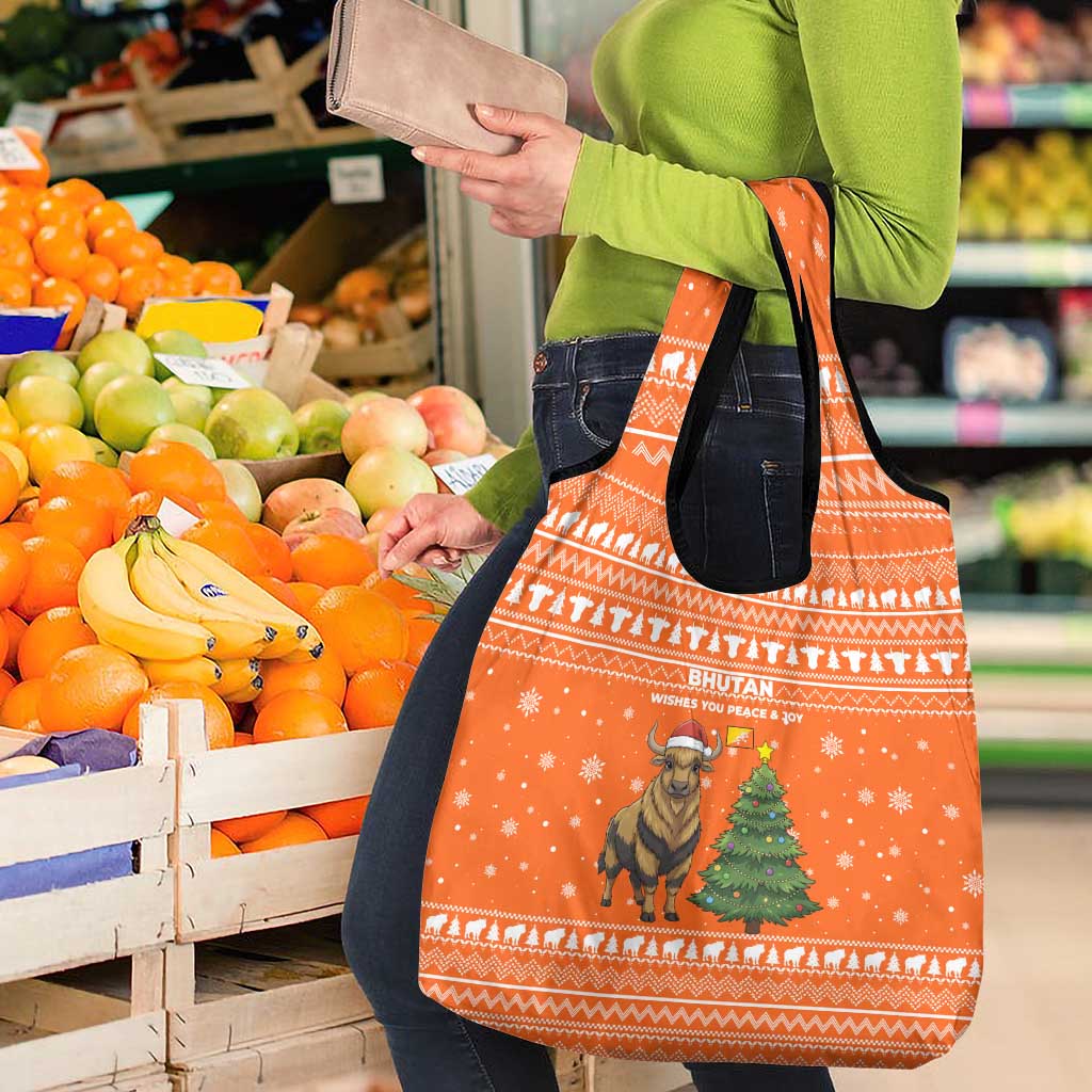 Bhutan Christmas Grocery Bag with Takin Santa Hat Christmas Tree and Snowflake Pattern in Orange - Wonder Print Shop