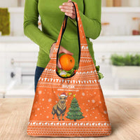 Bhutan Christmas Grocery Bag with Takin Santa Hat Christmas Tree and Snowflake Pattern in Orange - Wonder Print Shop