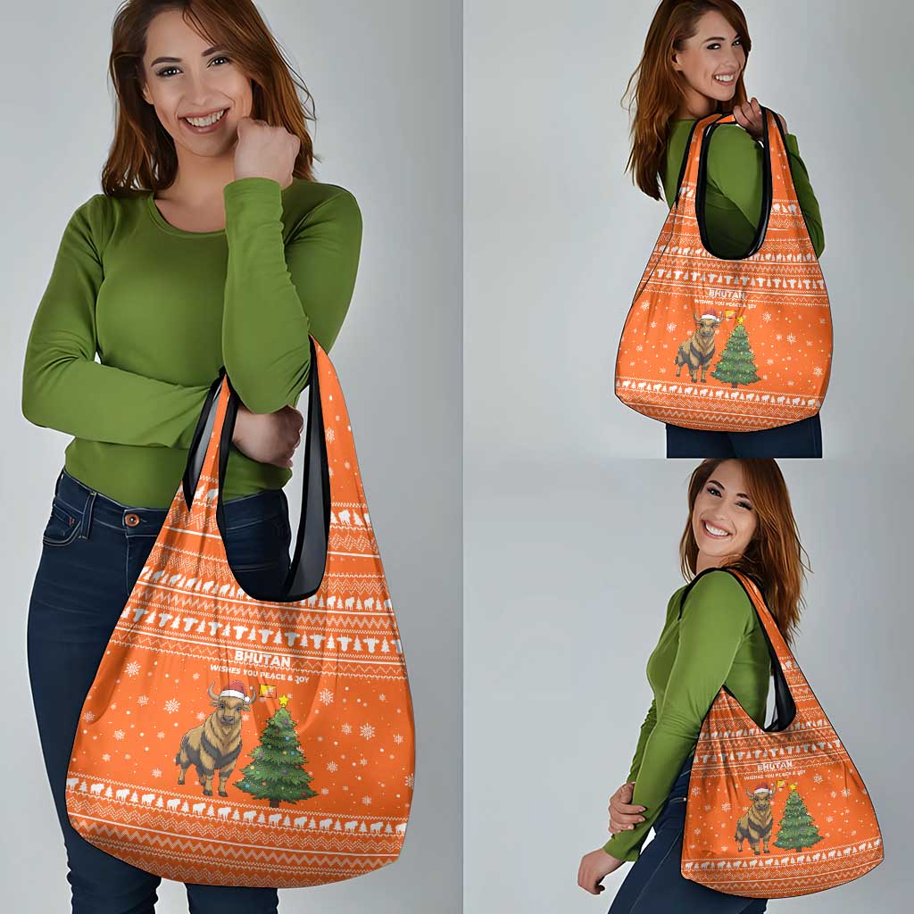 Bhutan Christmas Grocery Bag with Takin Santa Hat Christmas Tree and Snowflake Pattern in Orange - Wonder Print Shop