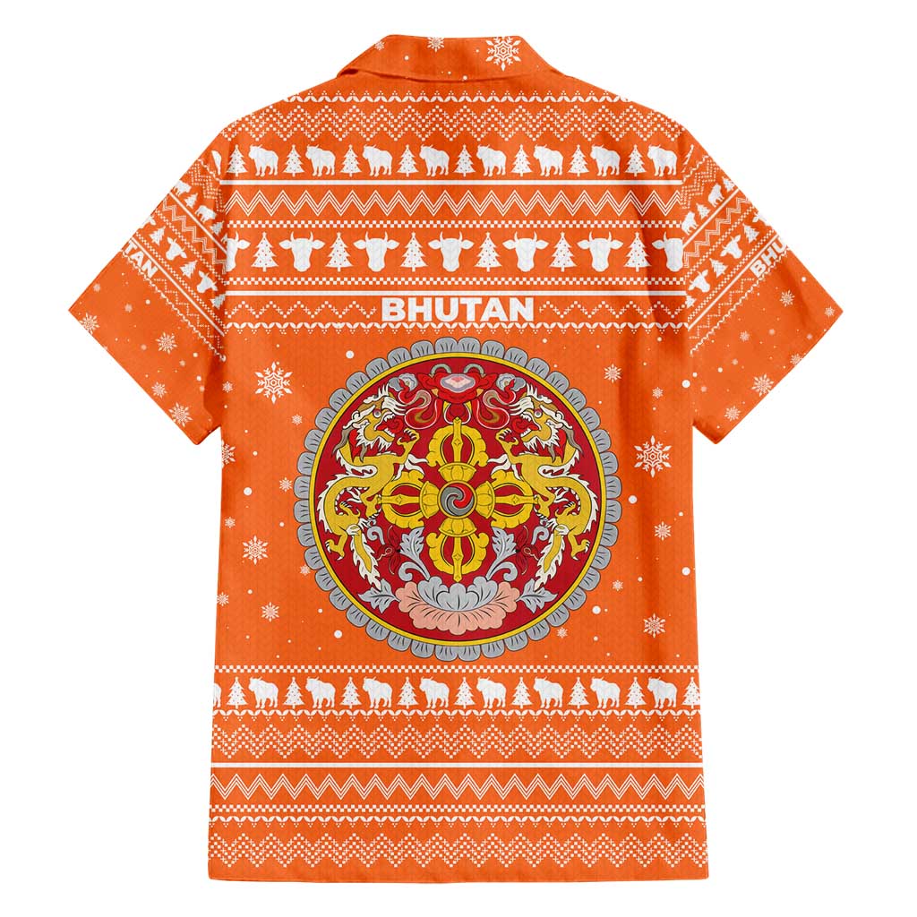 Bhutan Christmas Hawaiian Shirt with Takin Santa Hat Christmas Tree and Snowflake Pattern in Orange - Wonder Print Shop