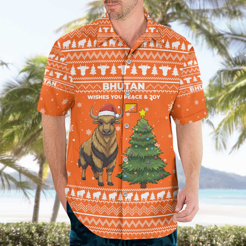 Bhutan Christmas Hawaiian Shirt with Takin Santa Hat Christmas Tree and Snowflake Pattern in Orange - Wonder Print Shop