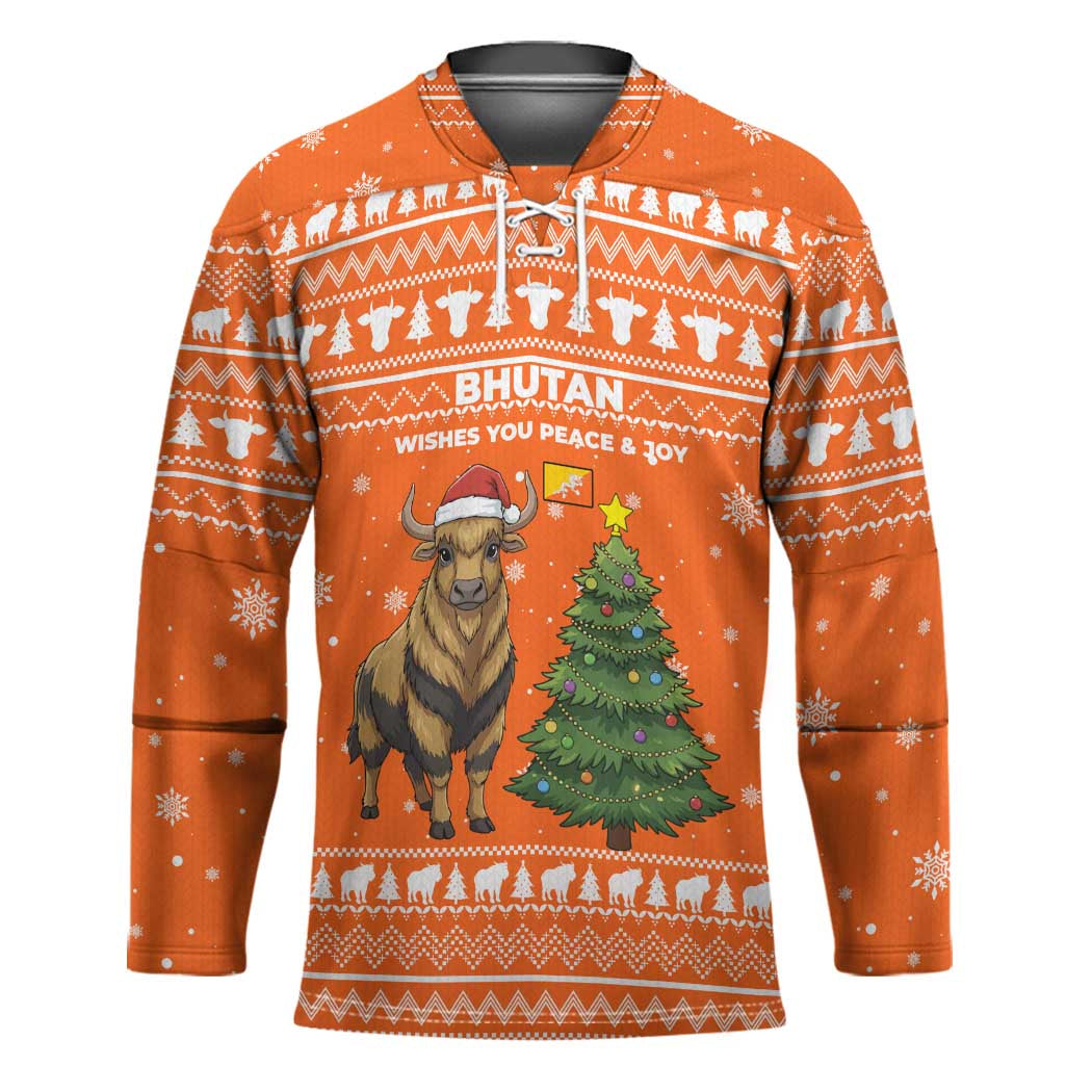 Bhutan Christmas Hockey Jersey with Takin Santa Hat Christmas Tree and Snowflake Pattern in Orange - Wonder Print Shop