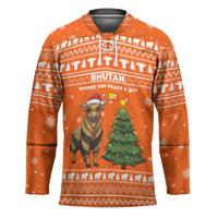 Bhutan Christmas Hockey Jersey with Takin Santa Hat Christmas Tree and Snowflake Pattern in Orange - Wonder Print Shop